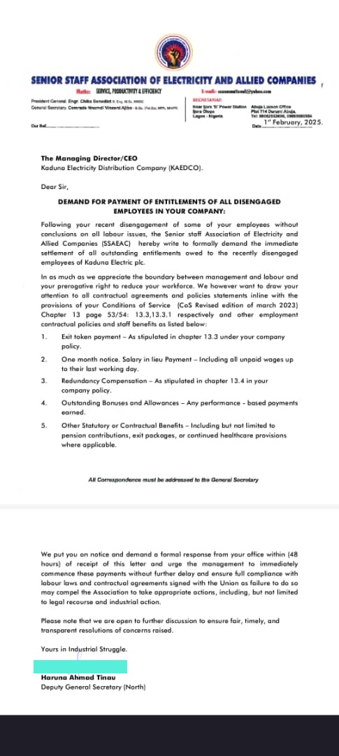 The association cited Chapter 13 of the company’s revised conditions of service as the basis for the demand.