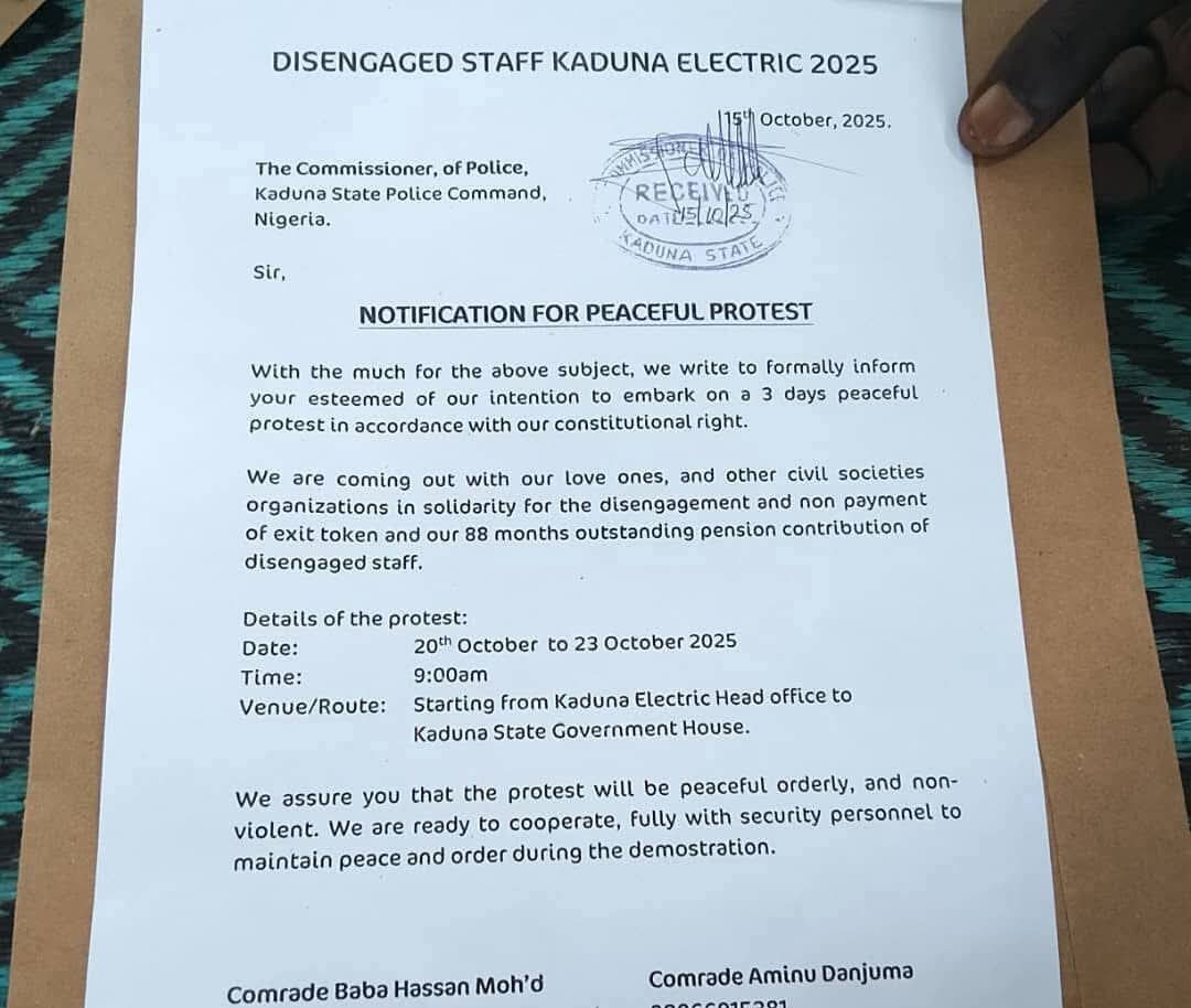 Towards the end of 2025, disengaged Kaduna Electric staff notified the police of a planned protest scheduled for October 20–23, staggered exit payments, pension arrears, and redundancy benefits.