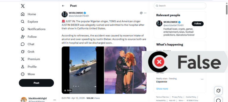 No, Tems and Justin Bieber were not hospitalised after Coachella 2026