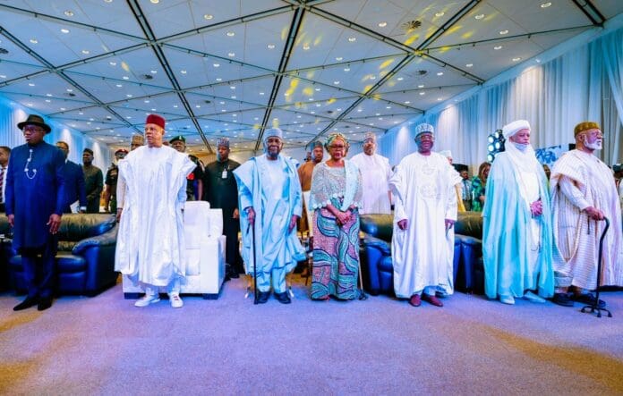 Vice president Kashim Shetimma and former president Goodluck Jonathan, alongside Yakubu Gowon at the launch of his autobiography. Photo: Kashim Shetimma/X
