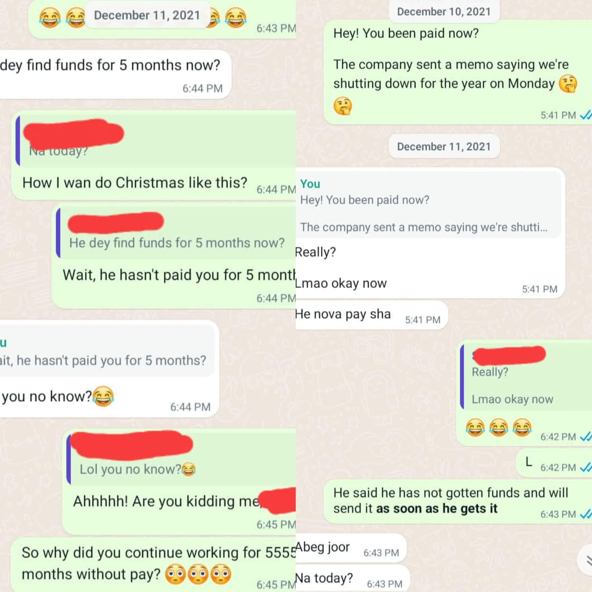 Screenshots of WhatsApp messages former staff shared on Facebook page called Smash Group