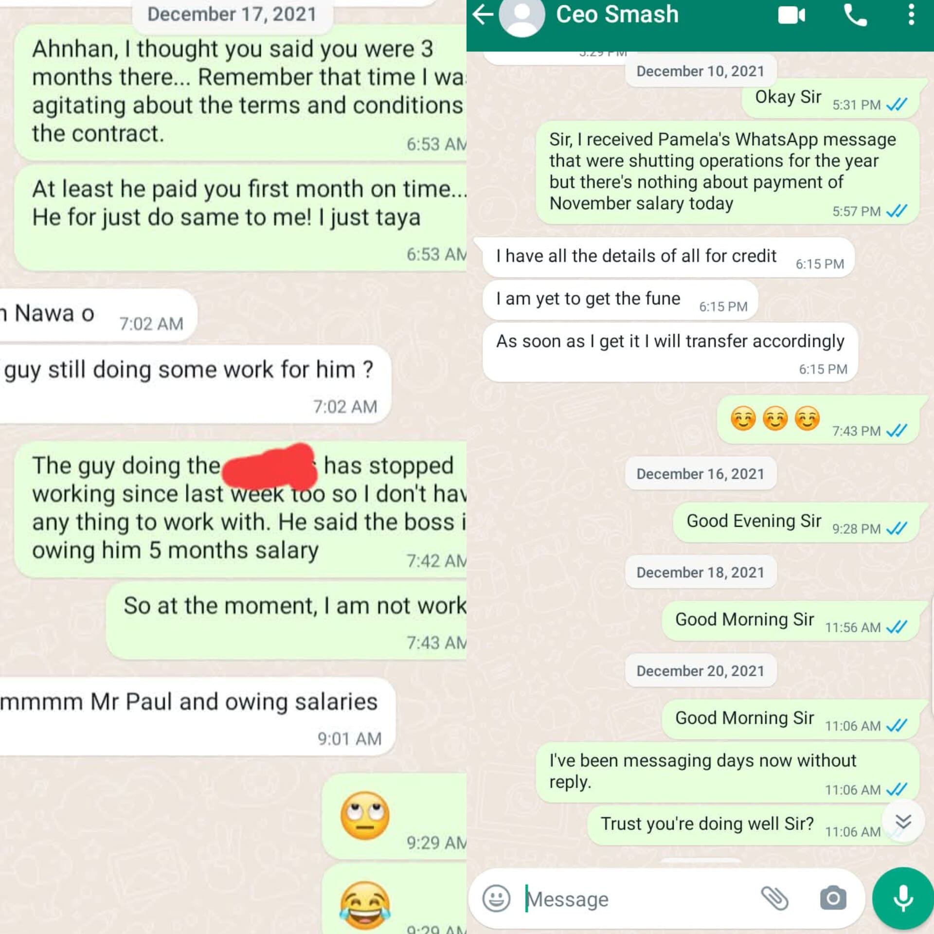 Screenshots of WhatsApp messages former staff shared on Facebook page called Smash Group