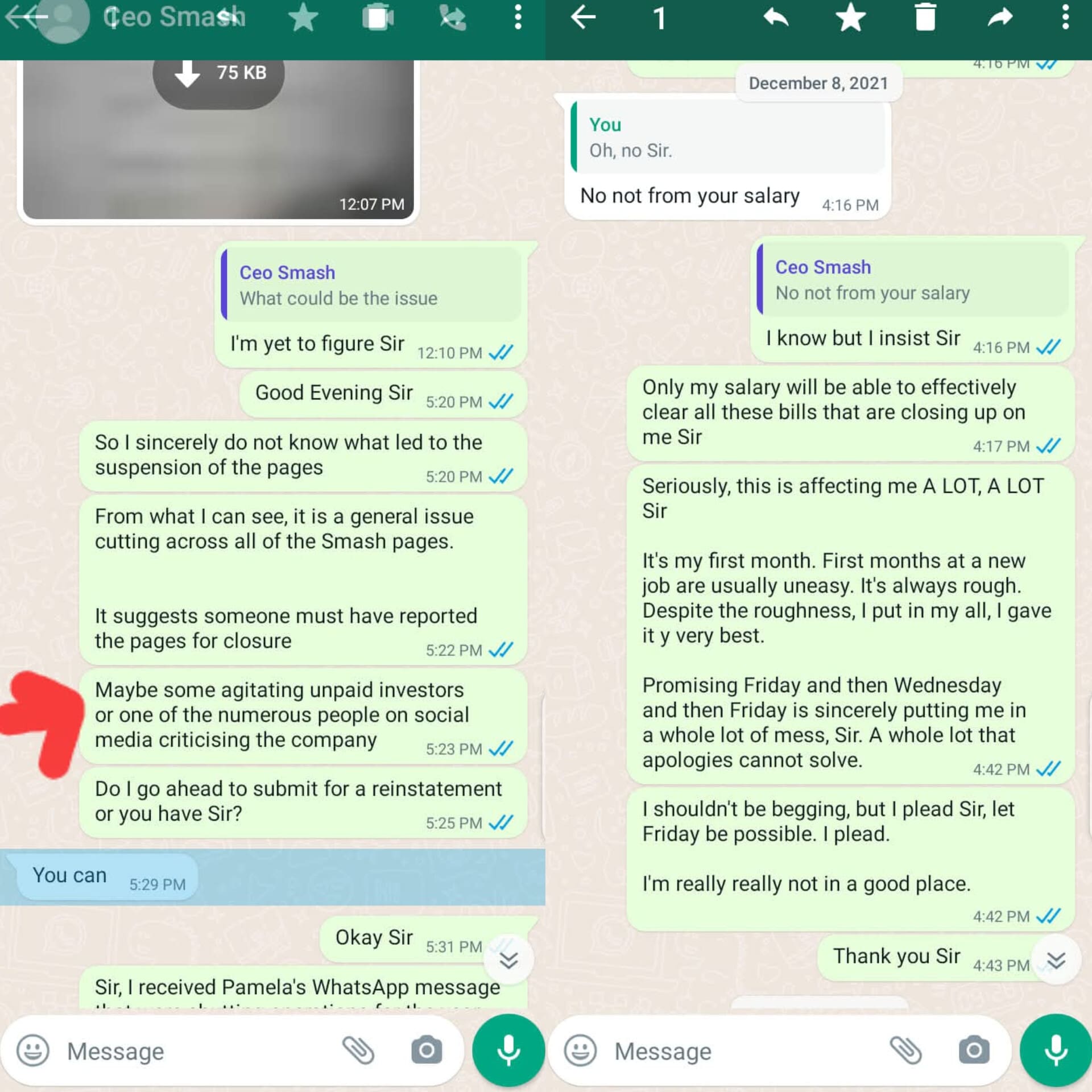 Screenshots of WhatsApp messages former staff shared on Facebook page called Smash Group