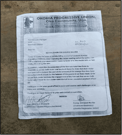Documents show Uga village's letter to electricity authorities complaining about power issues in the town and seeking a lasting solution.